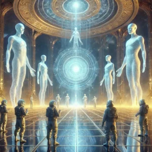 Human astronauts meeting towering, translucent beings called Aeon Travelers inside a glowing futuristic hall with a massive energy core.