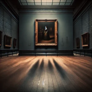 A dimly lit museum hall with an eerie painting subtly shifting in its frame.