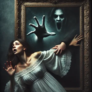 A woman being pulled into a cursed painting, her hand disappearing into darkness.
