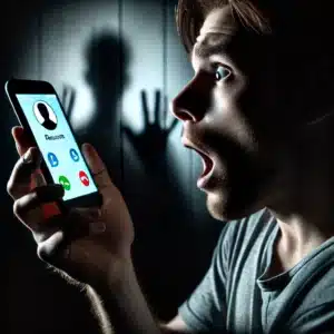 A man staring at his phone in horror, the screen displaying a missed call from a deceased friend