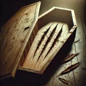 An open coffin with scratch marks inside, revealing the horrifying truth