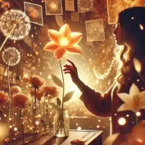 A woman inside a glowing flower shop, touching a radiant flower as memories swirl around her