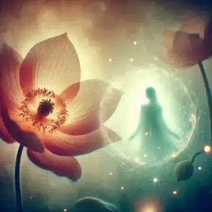 A ghostly vision of a lost love appearing within the glow of a magical flower, fading as the memory ends