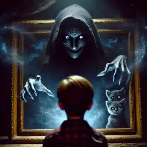 A shadowy figure emerging from a painting, silver eyes glowing menacingly as a young boy watches in fear