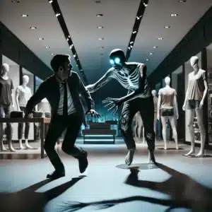 A terrified store employee backing away as a mannequin with glowing eyes reaches toward him