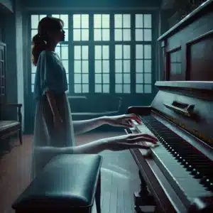 A young woman standing in an empty apartment, staring at a grand piano while faint ghostly hands play the keys