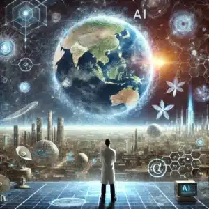 A scientist standing before a massive holographic world, where AI-driven civilizations flourish in a digital cosmos