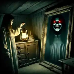 A terrified woman staring at a sinister reflection in the mirror inside the shadowless house