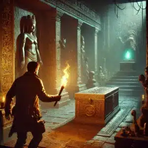 An adventurer exploring the Forgotten Temple’s inner chamber, holding a torch, surrounded by ancient statues and glyphs