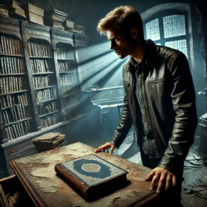 A frightened journalist in an abandoned study, staring at an ancient journal on a dusty desk