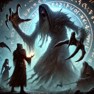 In the eerie Shrouded Wastes, Edric, marked by cursed runes, stands before the towering Warden of the Abyss. The monstrous figure, cloaked in shifting darkness, extends a clawed hand, demanding a price to break the curse. Edric hesitates as his companions, a female scribe and an old magister, watch anxiously