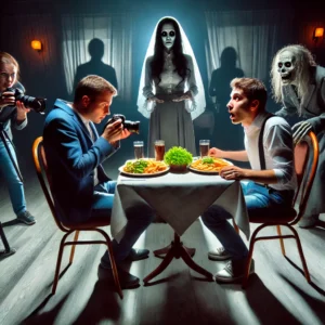 A dramatic scene inside the eerie restaurant: A journalist and a photographer sit at a table, staring in horror as their food glows with an unnatural light. The waitress, an eerie woman with hollow eyes, stands motionless in the background, watching them. Shadows stretch unnaturally across the floor
