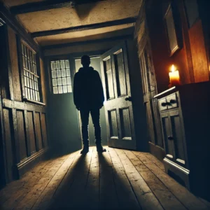 A shadowy figure in a dimly lit hallway of an old inn, standing before a scratched wooden door