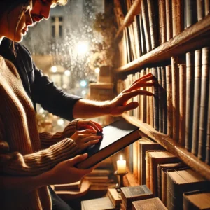 A man and a woman reaching for the same book in a cozy bookshop, their hands touching slightly